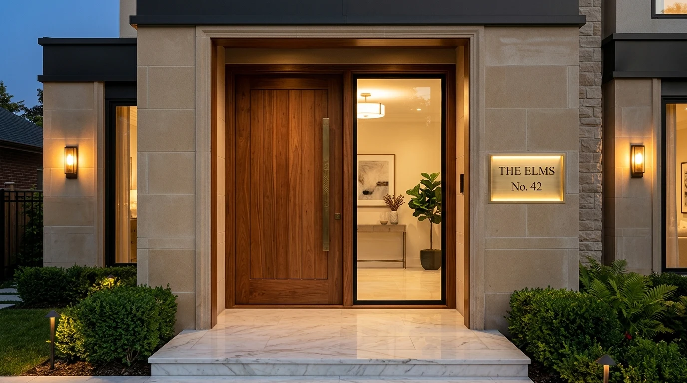 Solid Wood Main Entrance Door with Custom Handle and Illuminated Nameplate