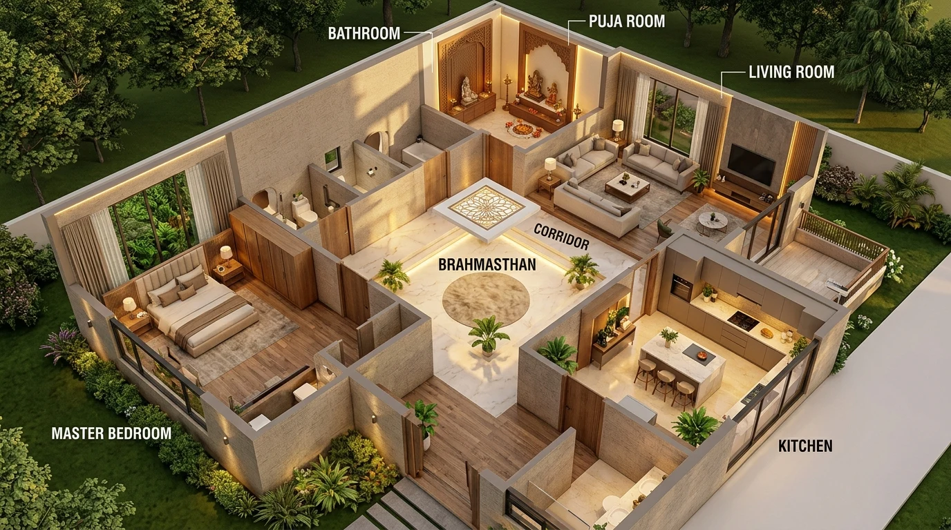 3D Architectural Layout Showing Optimal Vastu Room Placements